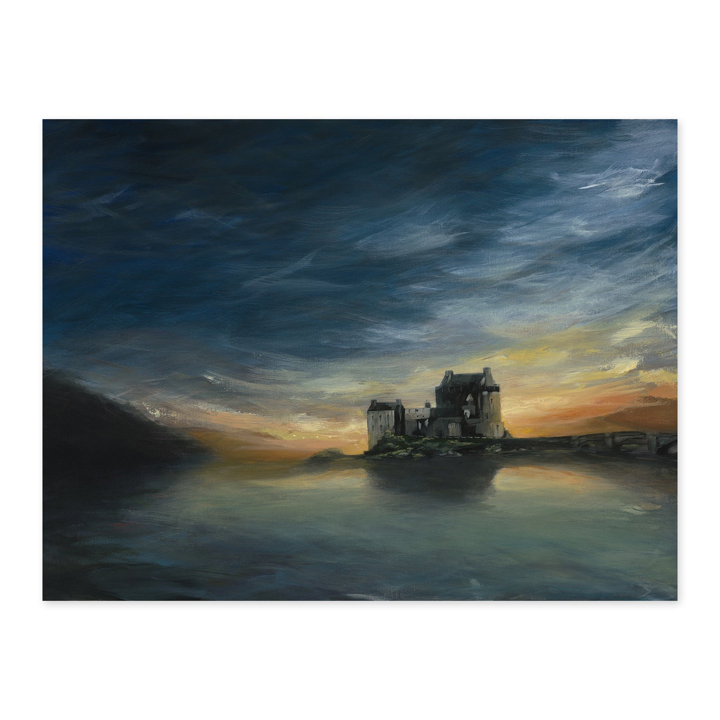 Castle on an island with a dramatic sky and water reflection