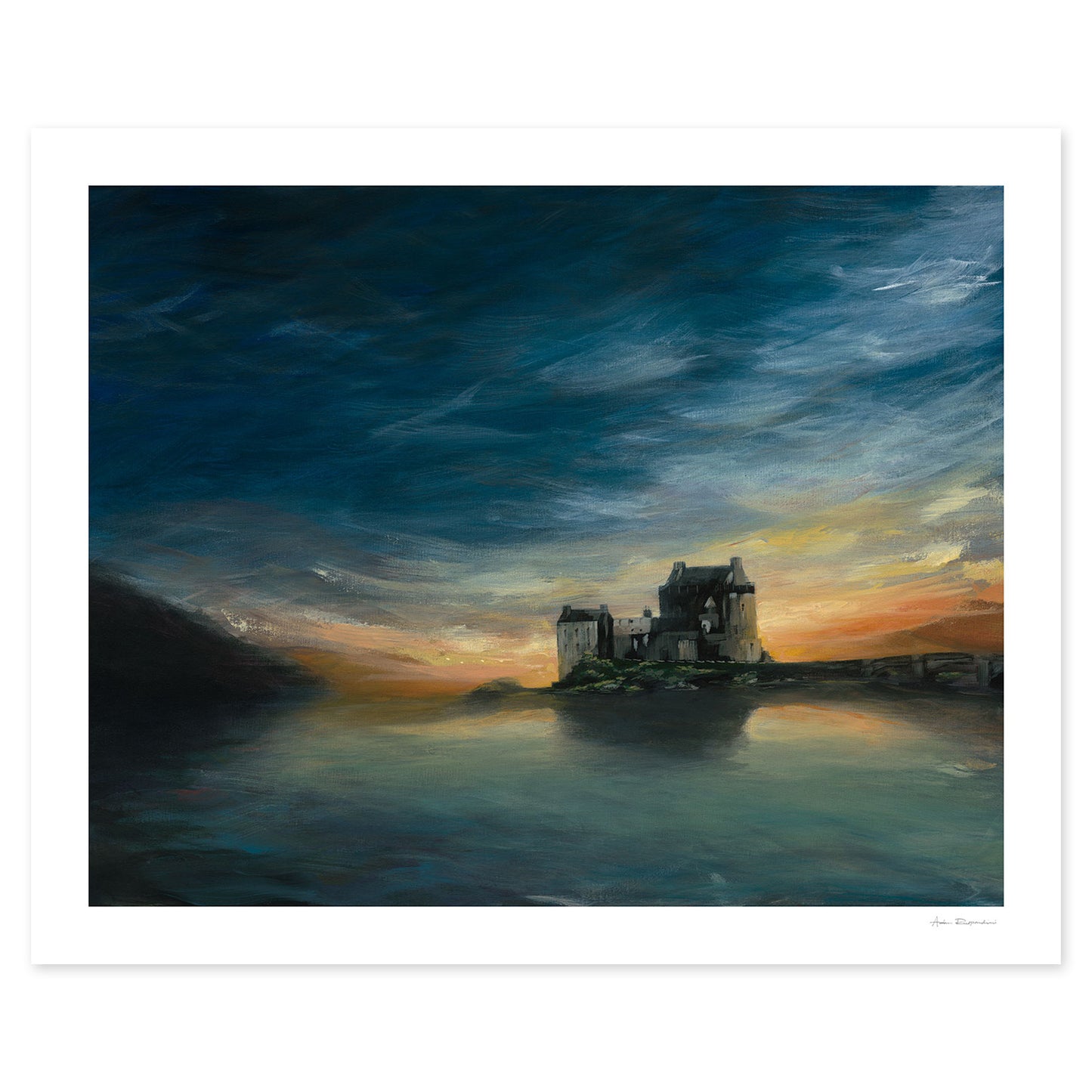 Painting of a castle on an island with a dramatic sky