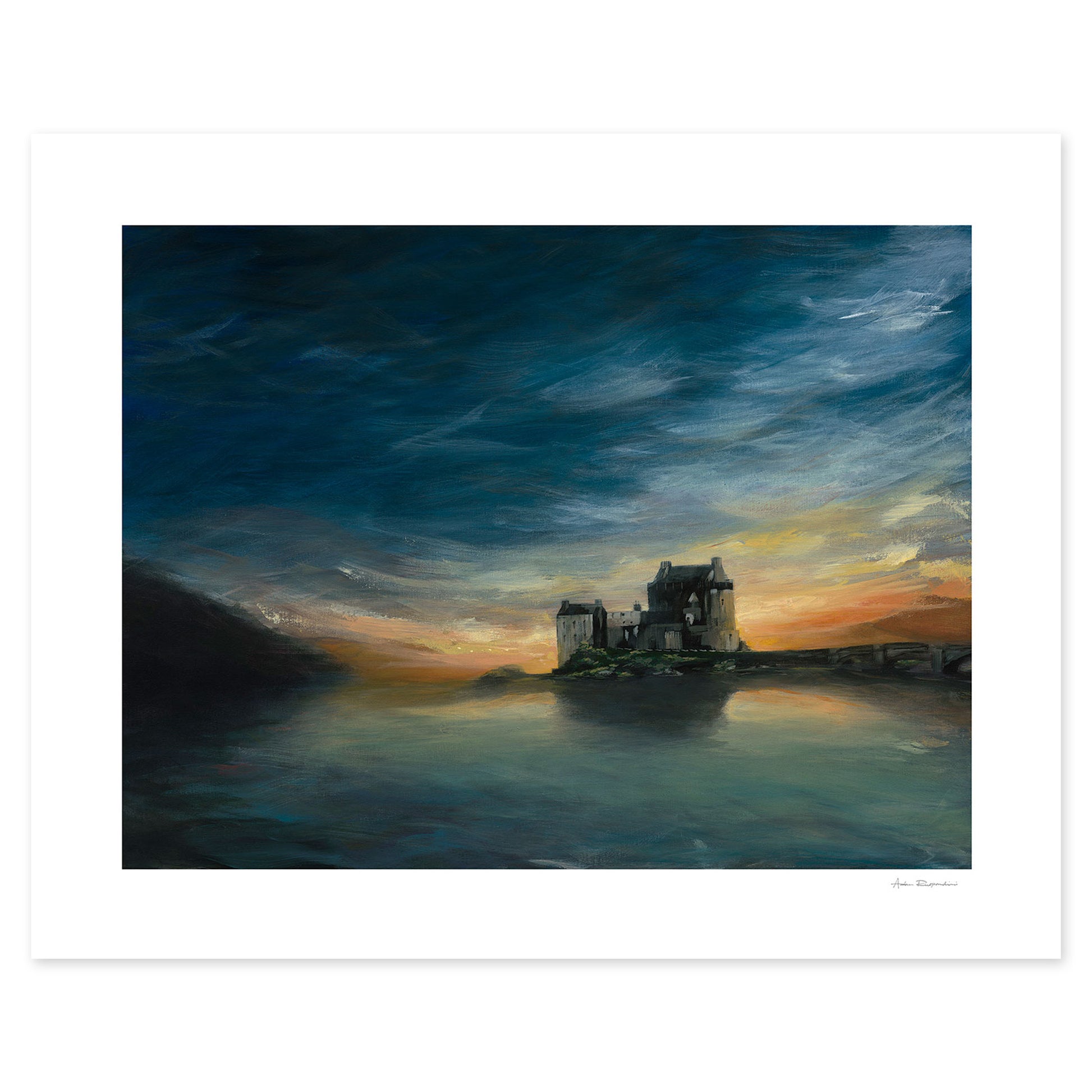 Painting of a castle at sunset over water with a dark sky.