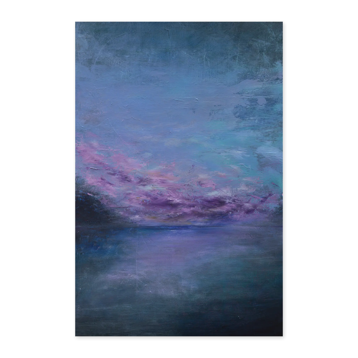 Abstract painting with blue and purple hues on a white background