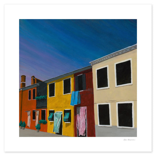 Vibrant artwork of Burano, Italy inspired by family holiday