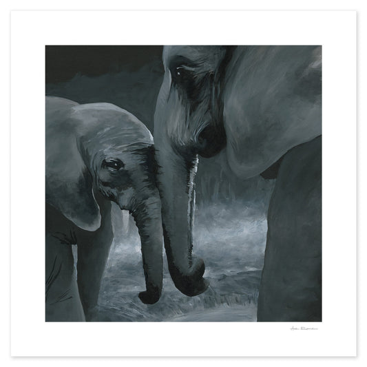 Black and white painting of a mother elephant and her calf, symbolising eternal love, strength, protection and the deep emotional bond between parent and child.