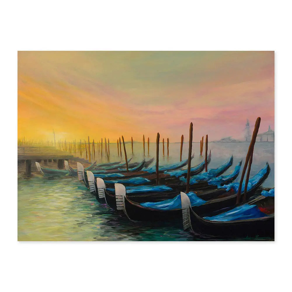 Acrylic painting of gondolas on the water in Venice Italy with a warm colourful sunset sky