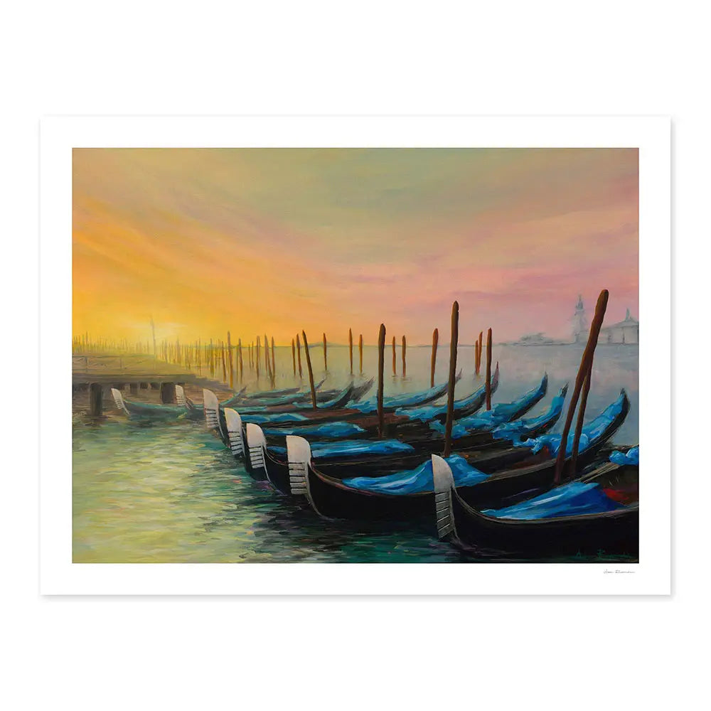 Acrylic painting of gondolas on the water in Venice Italy with a warm colourful sunset sky