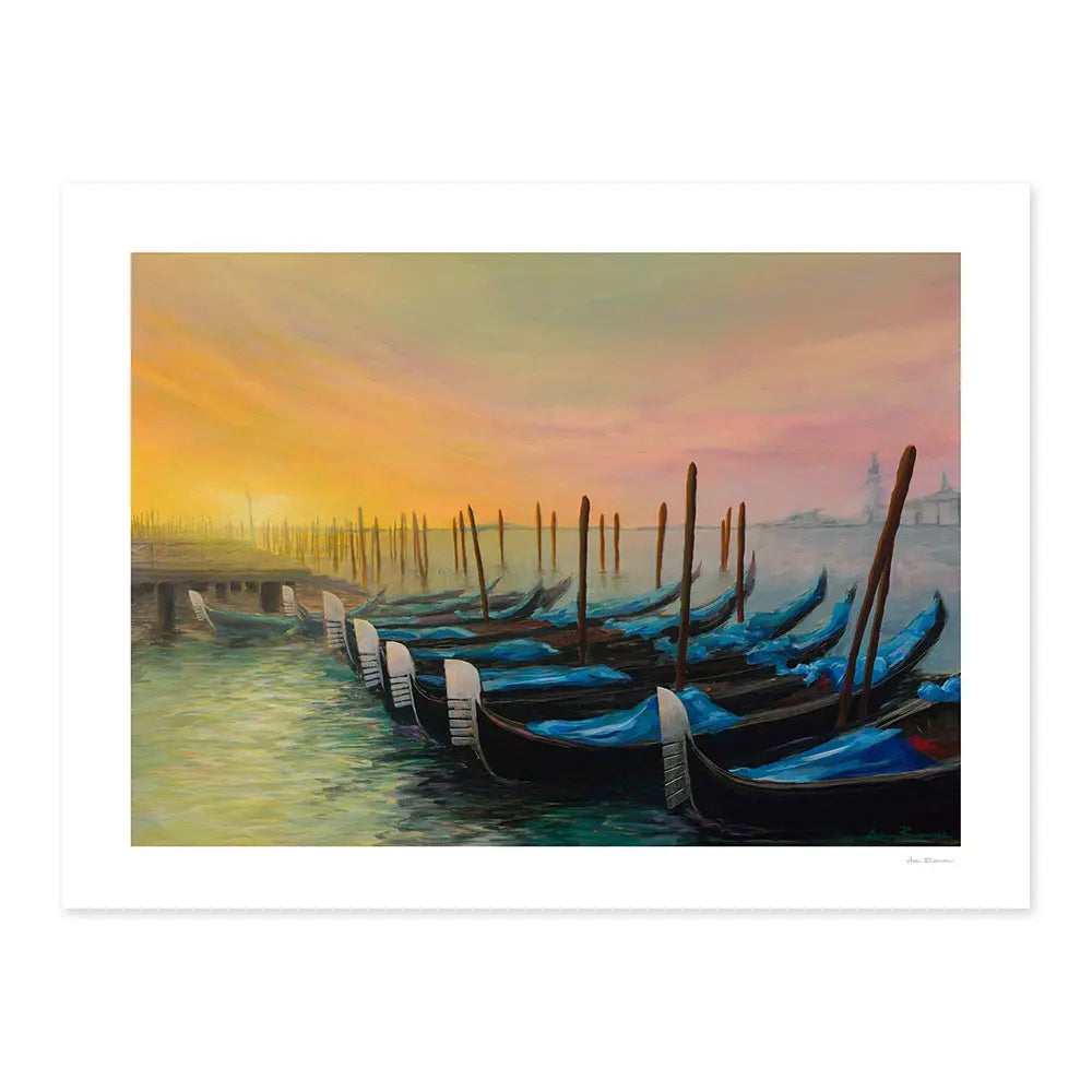 Acrylic painting of gondolas on the water in Venice Italy with a warm colourful sunset sky