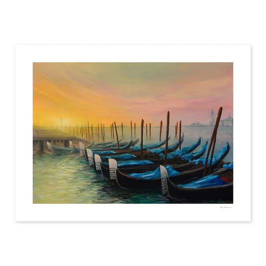 Acrylic painting of gondolas on the water in Venice Italy with a warm colourful sunset sky