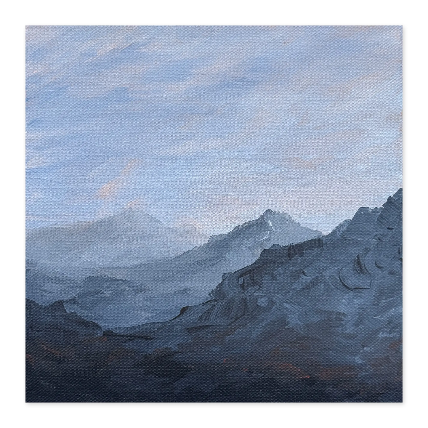 Painting of a mountain landscape with a blue sky