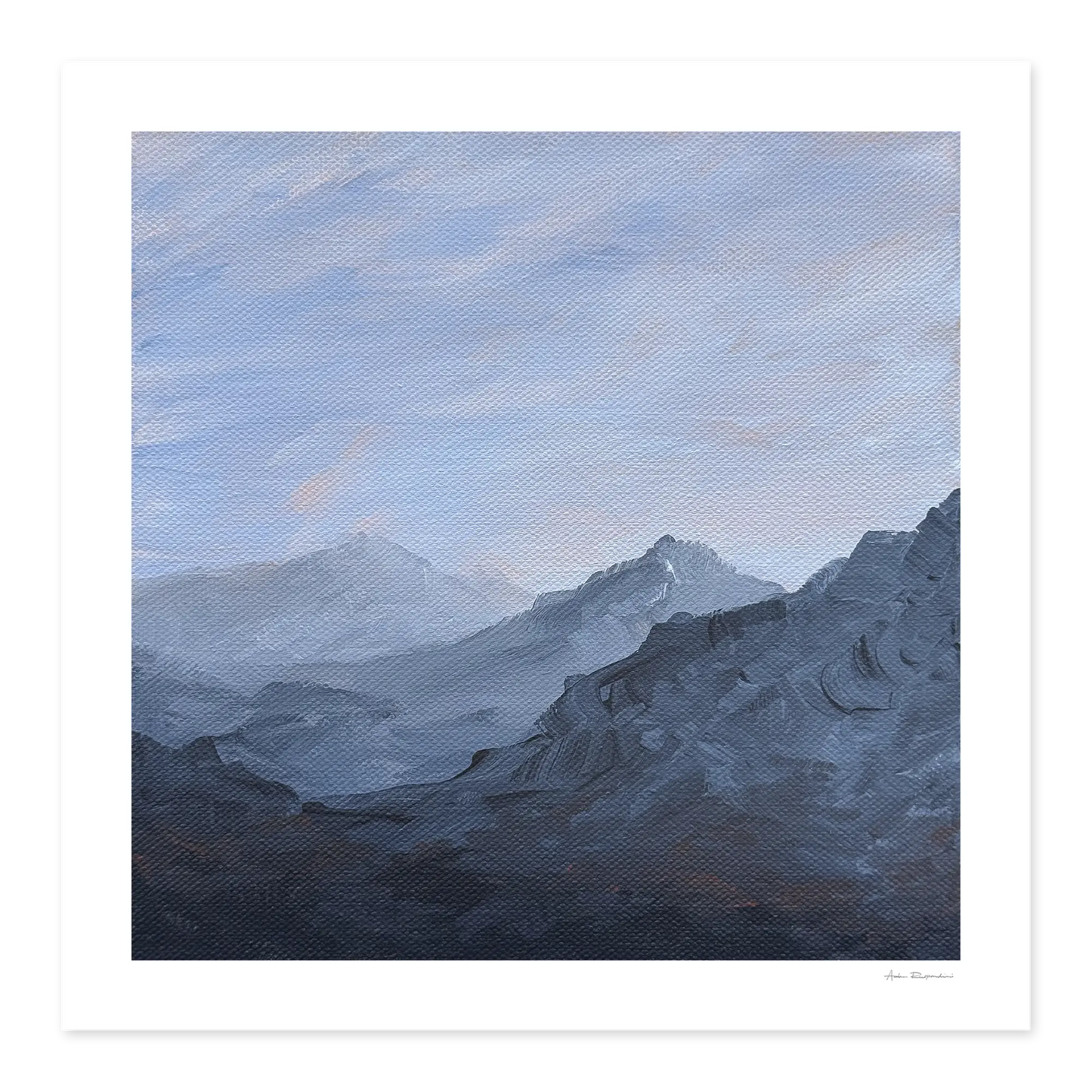 Painting of mountains with a blue sky