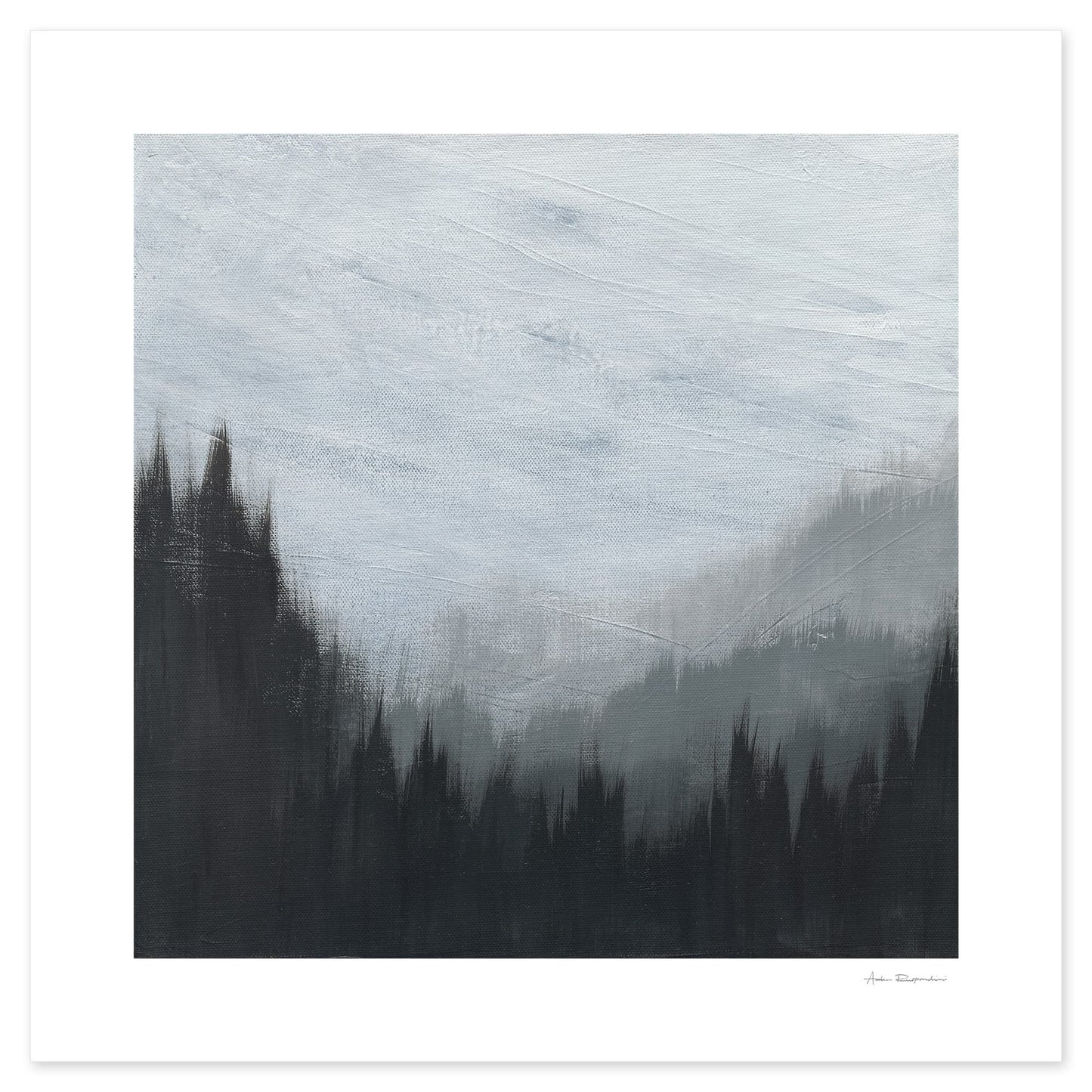 Black and white layered artwork evoking fog and mountain landscapes.