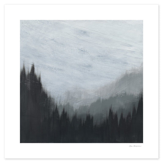 Black and white layered artwork evoking fog and mountain landscapes.