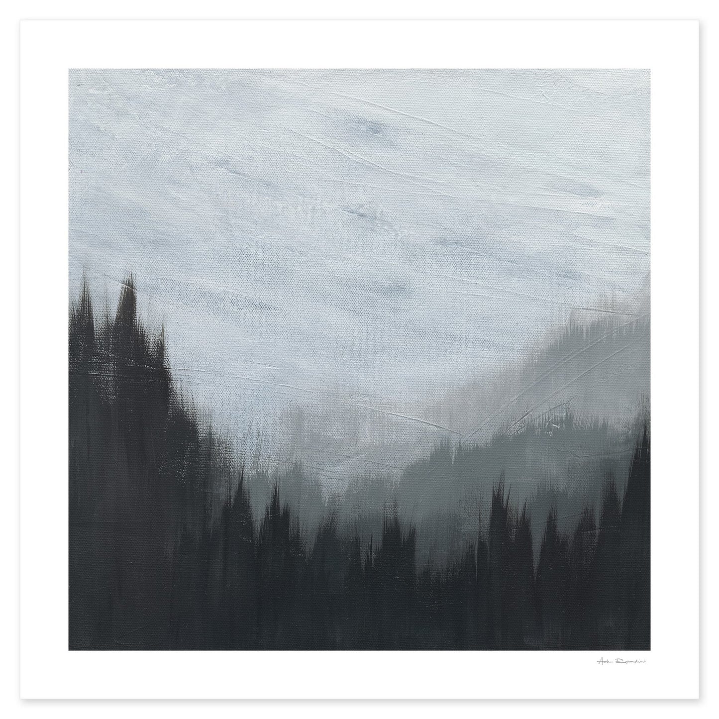 Dry brush technique artwork capturing the essence of mountain fog.