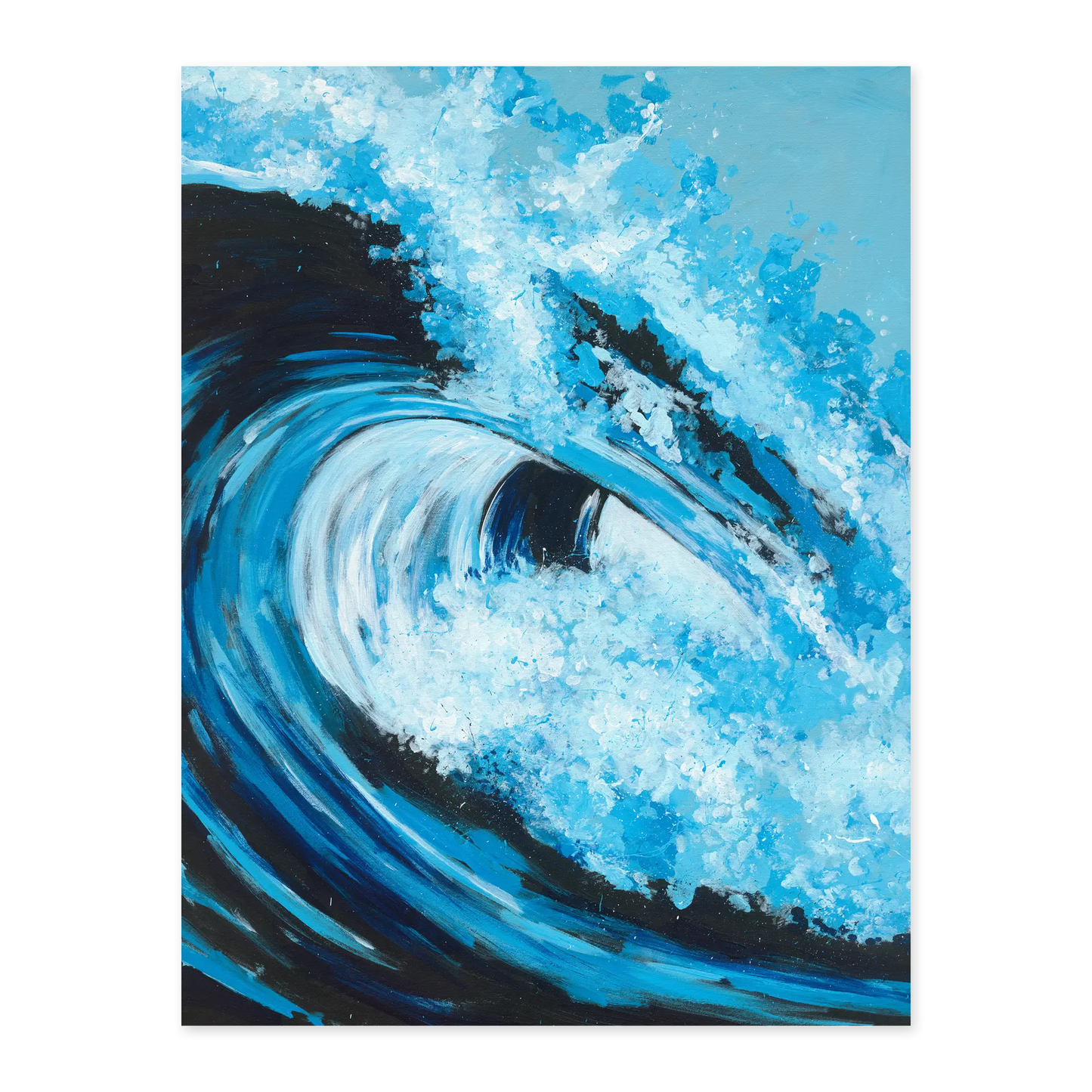 Artistic depiction of a blue wave with white foam on a white background