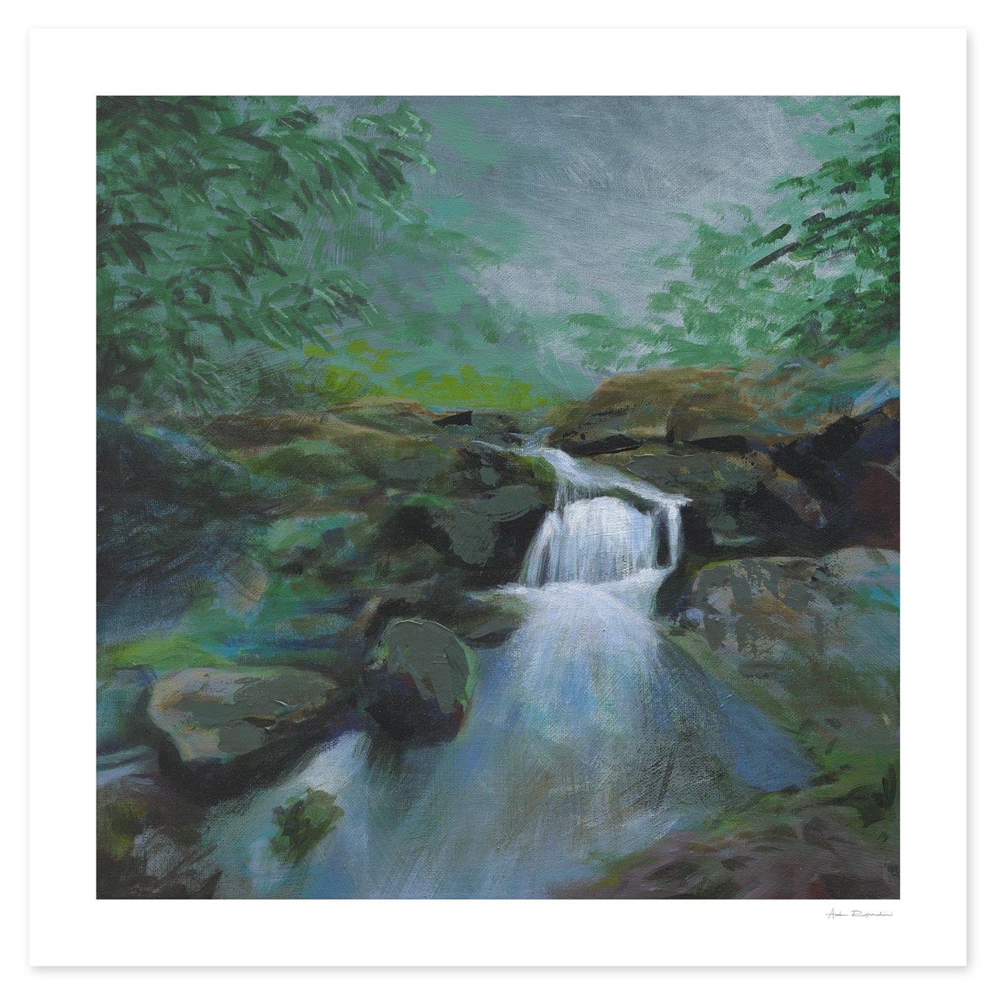 Australian bushland painting featuring a peaceful waterfall at West Pennant Hills, Sydney.