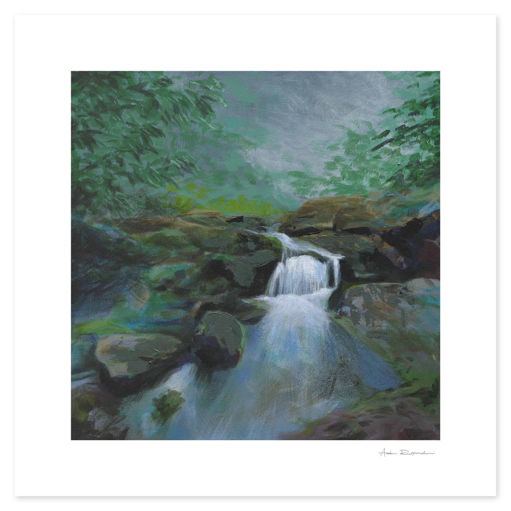 Original Australian landscape artwork depicting a tranquil waterfall.