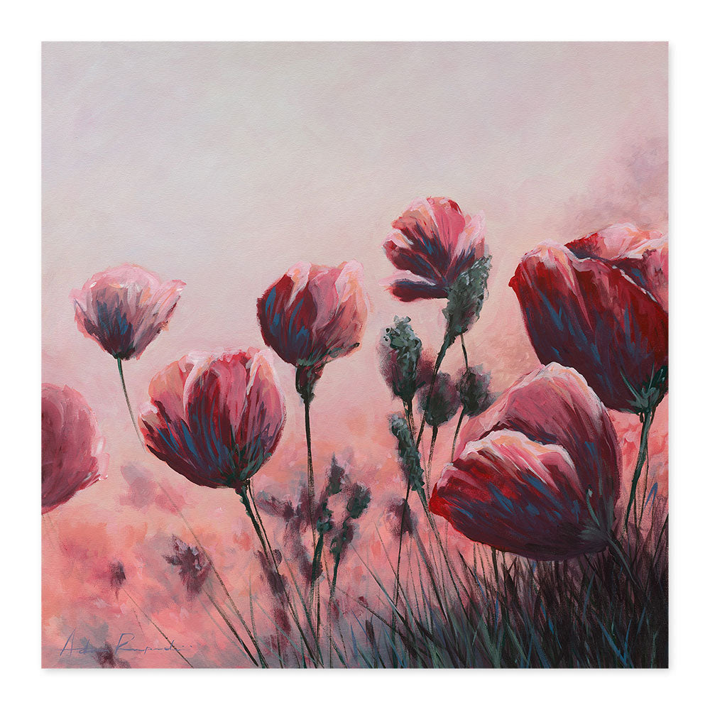 Acrylic painting of pink flowers with a soft, pastel background with expressive brush strokes.