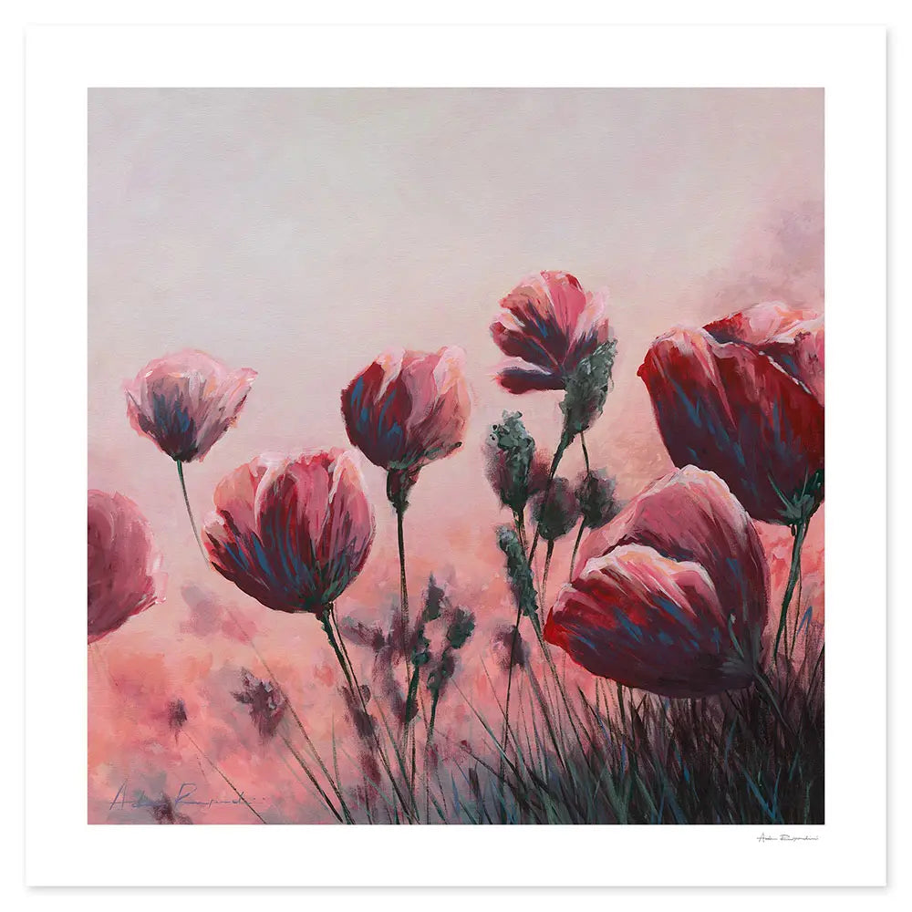 Acrylic painting of pink flowers with a soft, pastel background with expressive brush strokes.