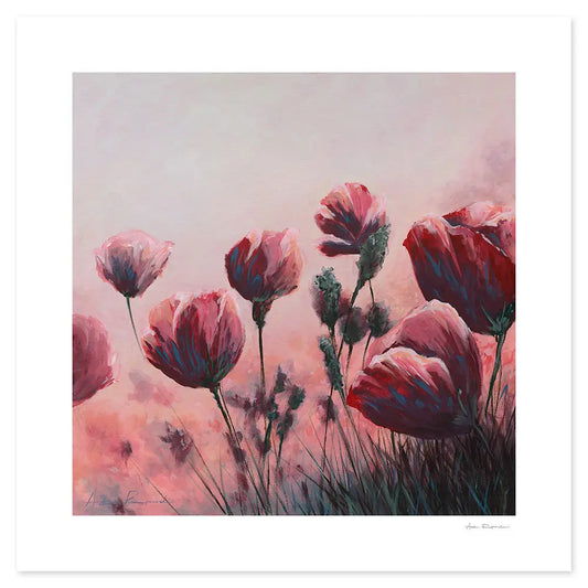 Acrylic painting of pink flowers with a soft, pastel background with expressive brush strokes.