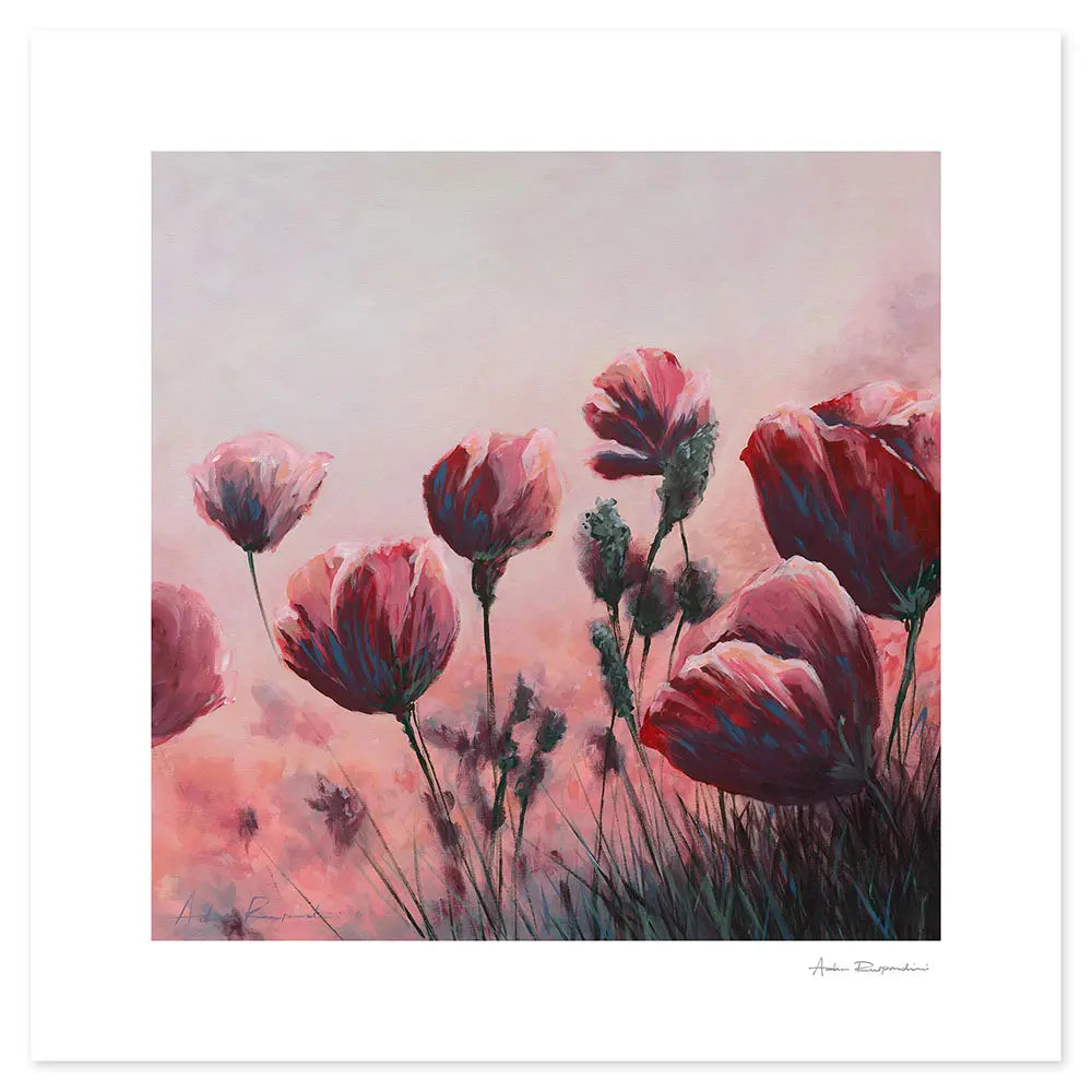 Acrylic painting of pink flowers with a soft, pastel background with expressive brush strokes.