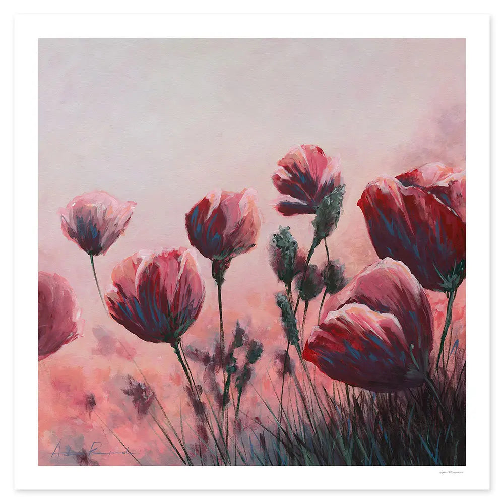 Acrylic painting of pink flowers with a soft, pastel background with expressive brush strokes.