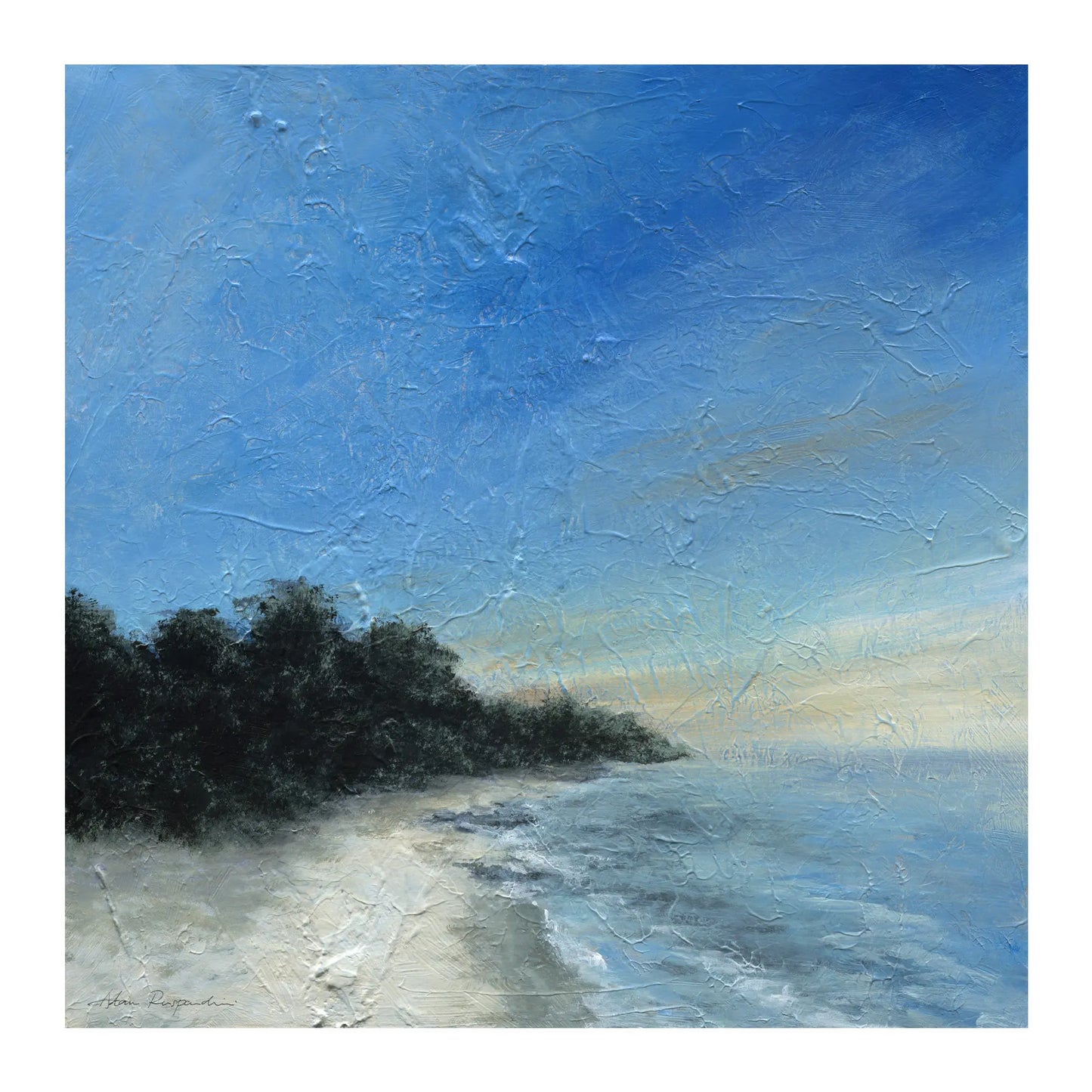 Painting of a beach scene with trees and blue sky