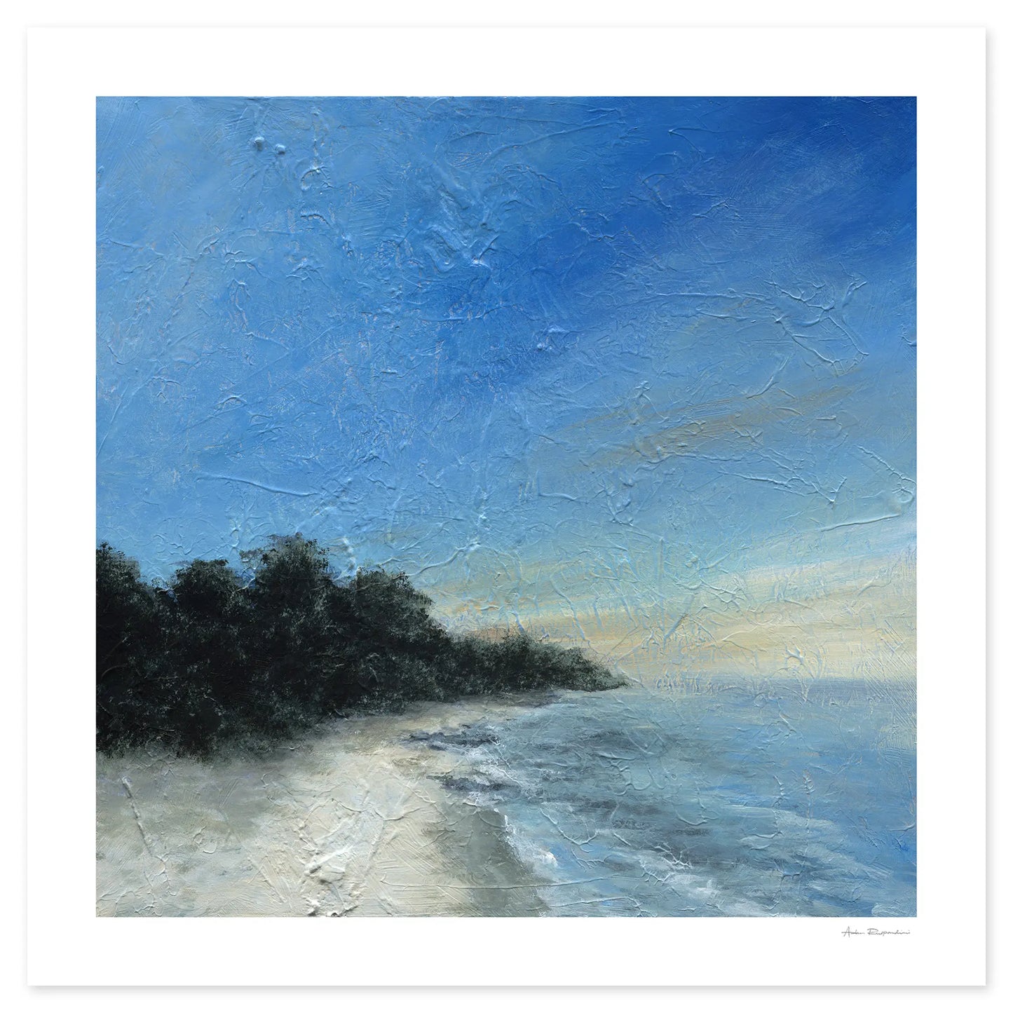 Painting of a beach scene with trees and a blue sky.