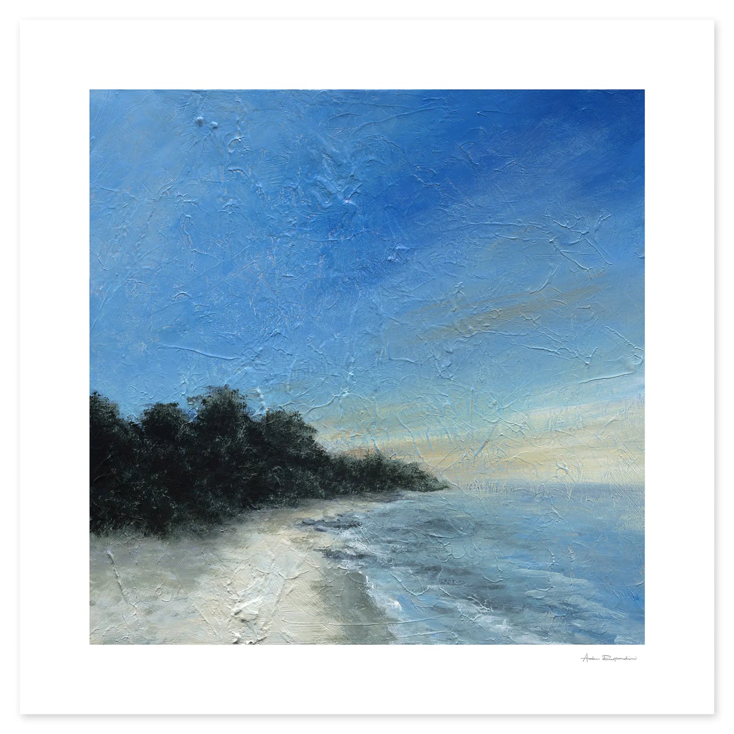 Painting of a beach scene with trees and blue sky