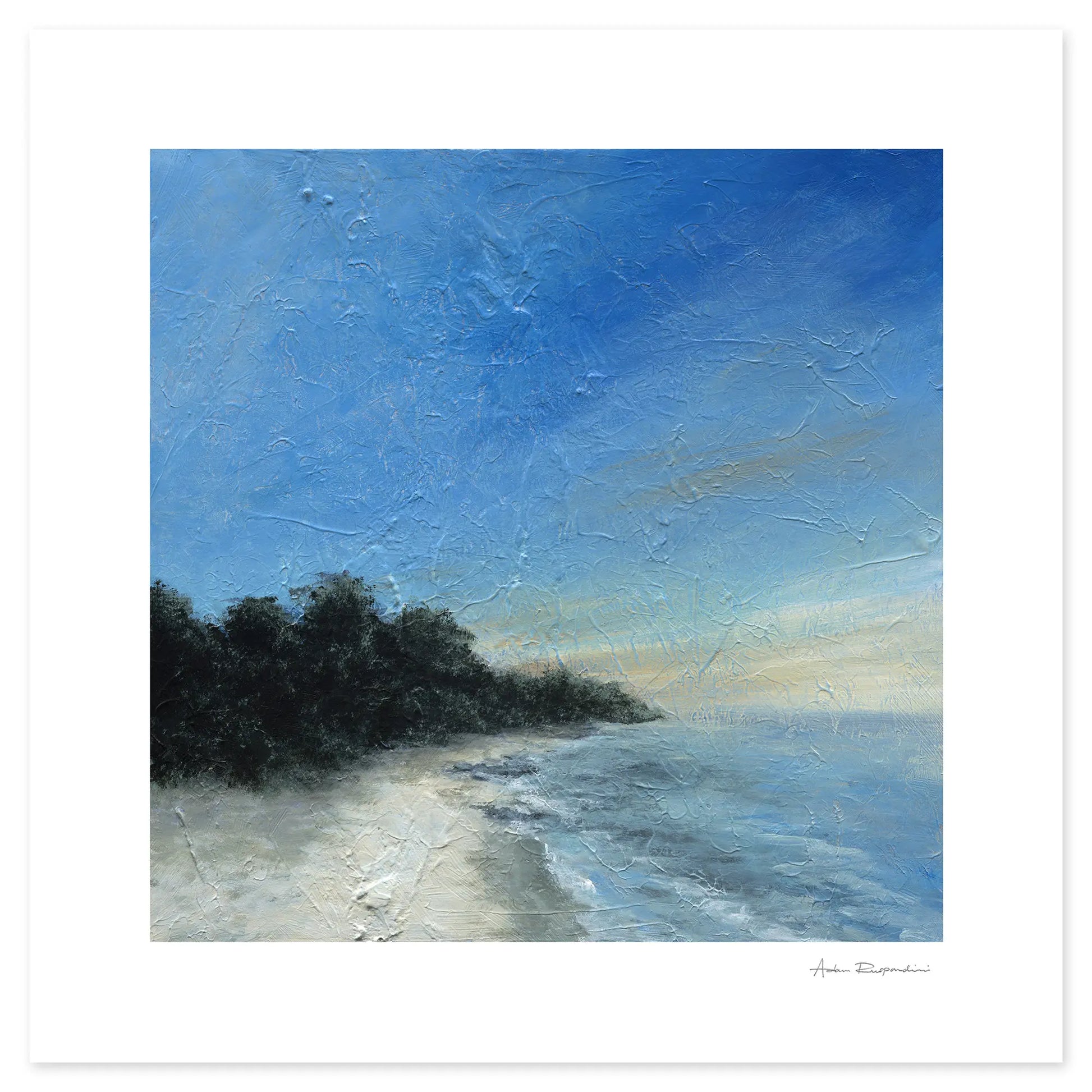 Painting of a beach scene with trees and blue sky