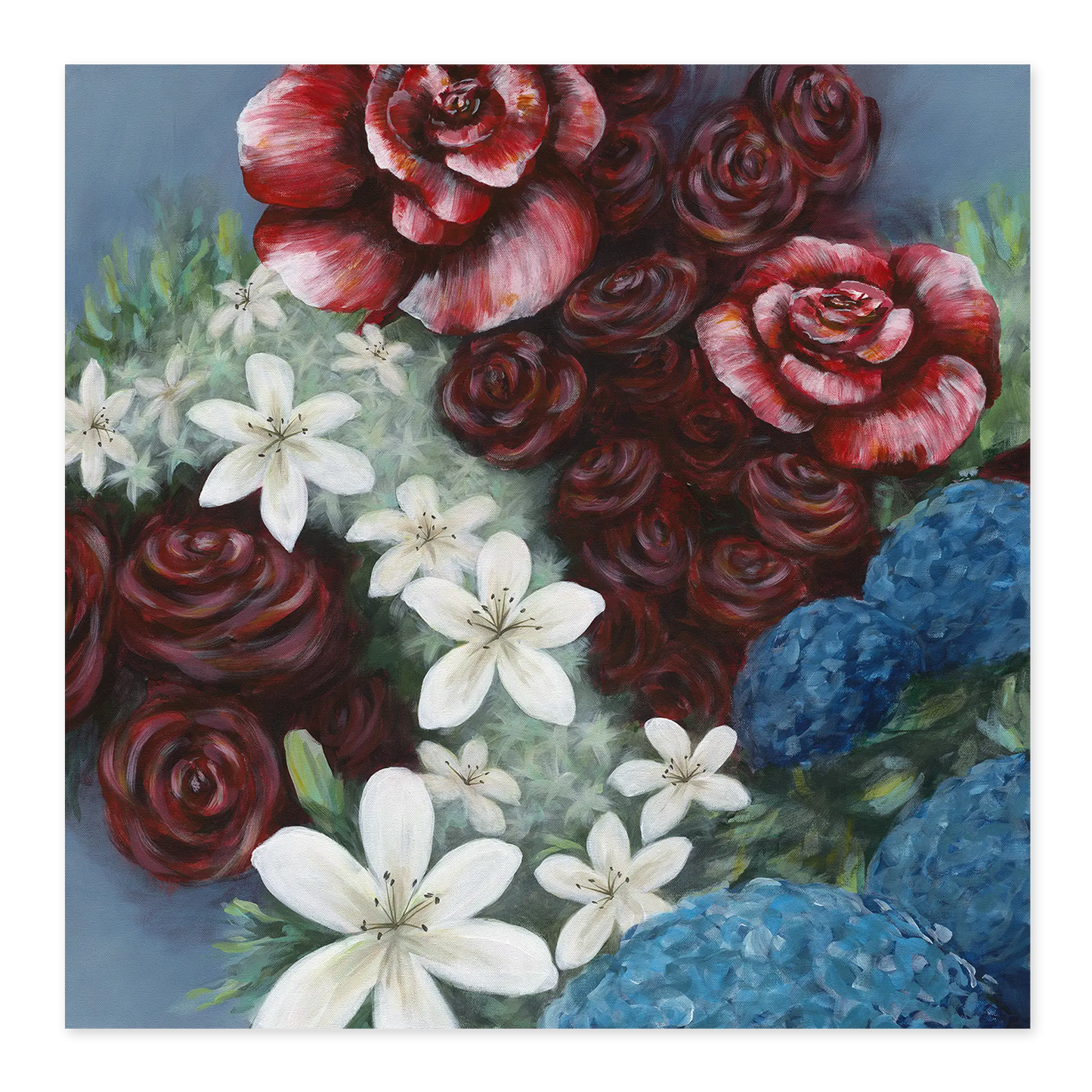 Artistic depiction of red roses, white lilies, and blue flowers on a textured background