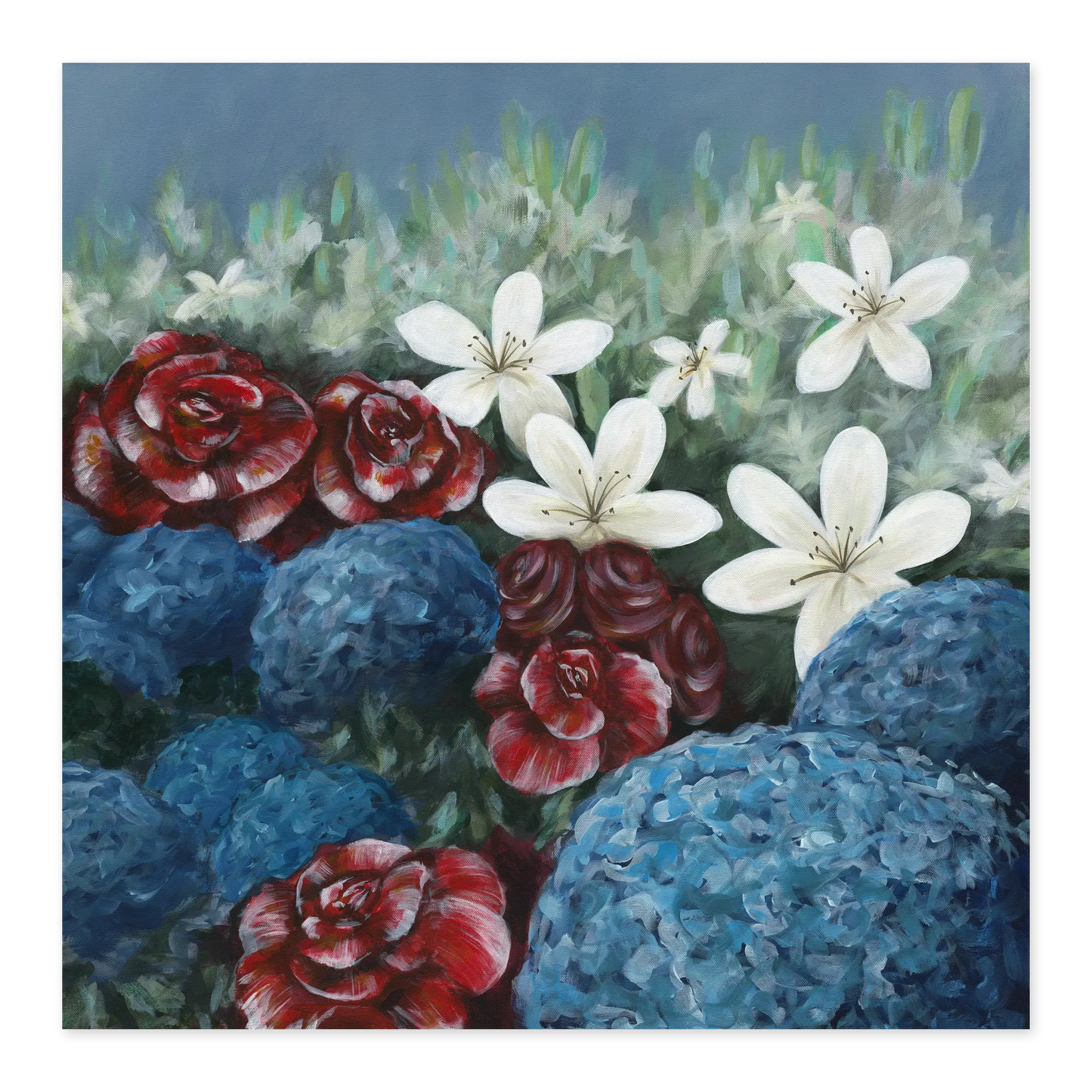 Artistic depiction of flowers including red roses, white lilies, and blue hydrangeas on a textured background.
