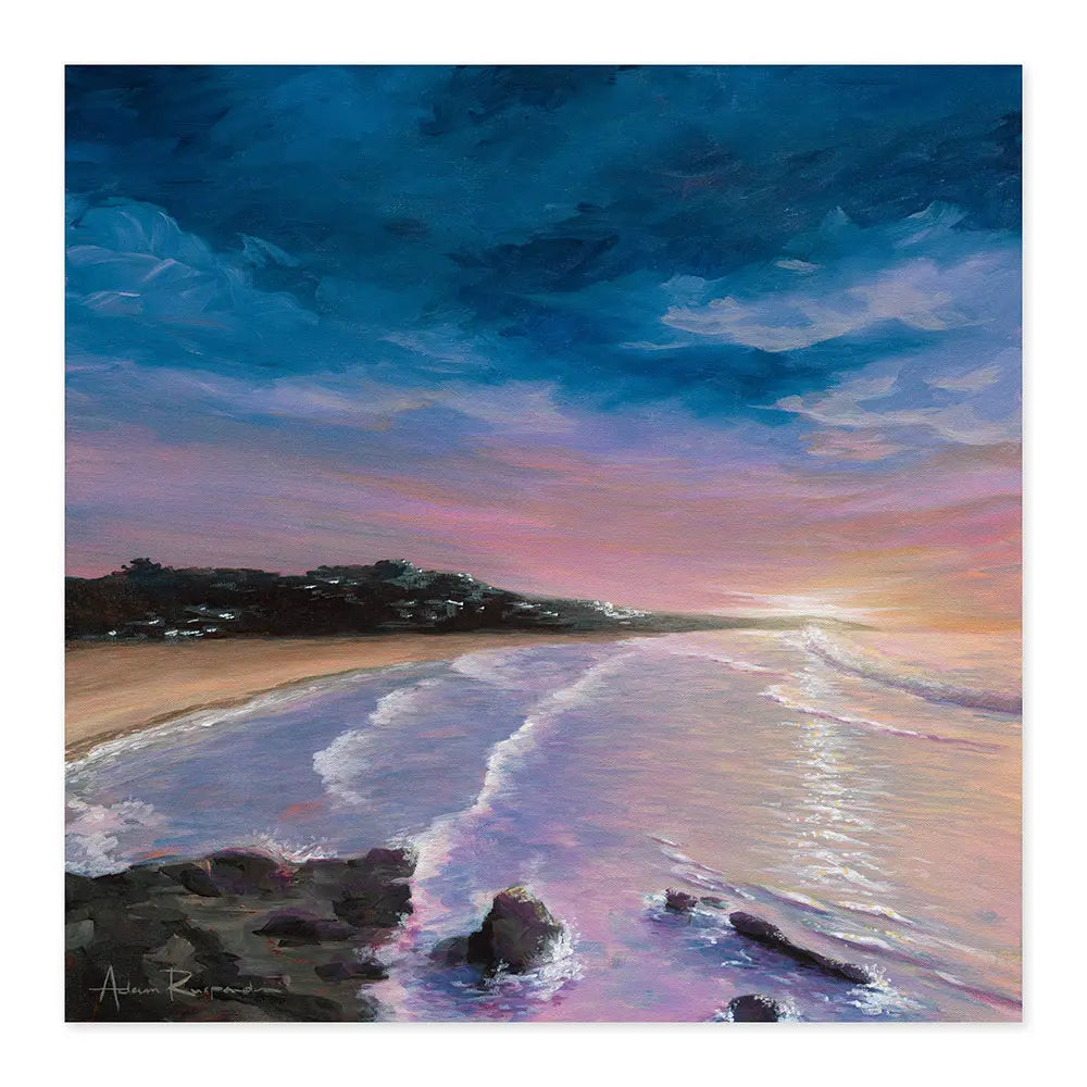 Painting of a beach scene with waves and a colourful sky in warm tones.