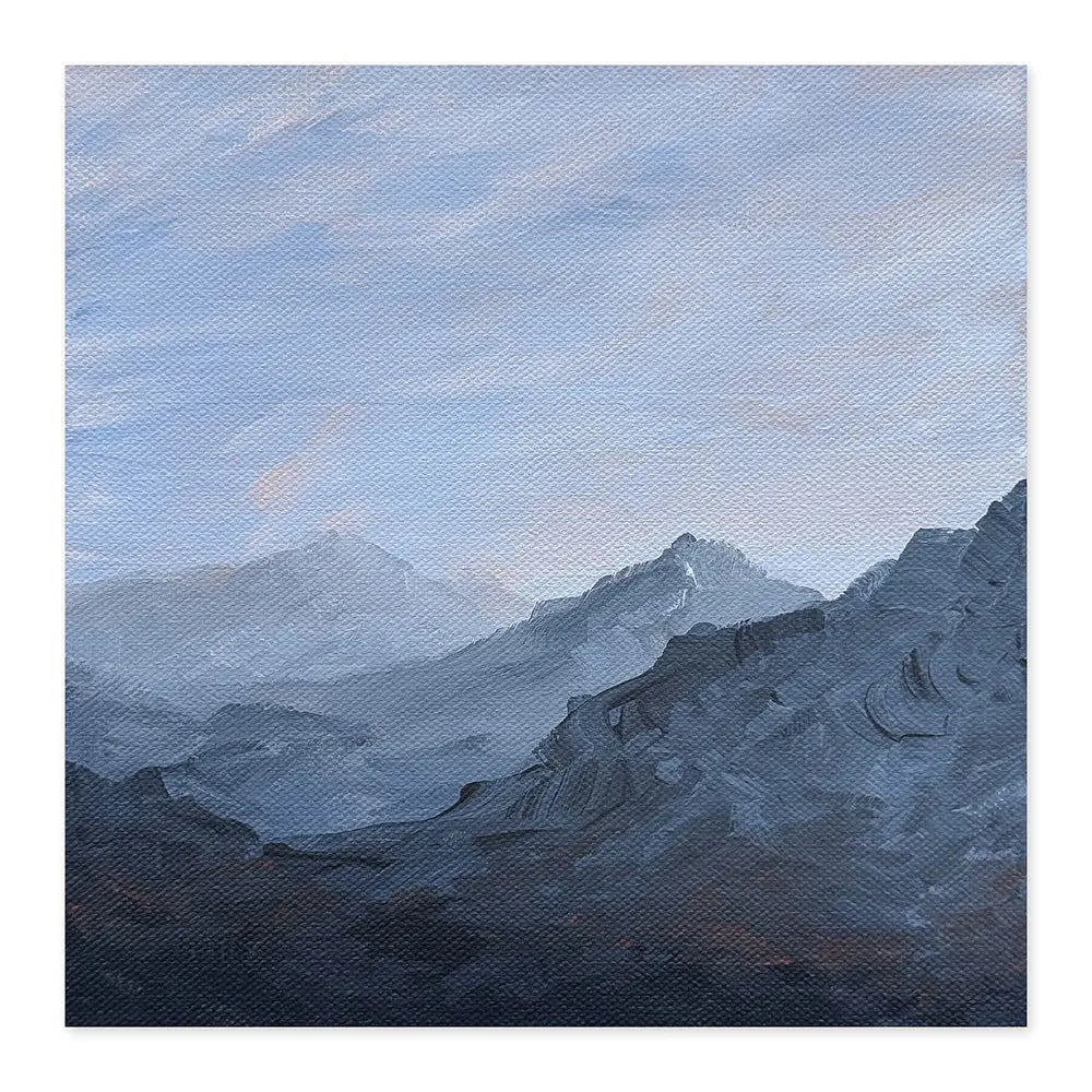 Acrylic painting of mountains with a blue sky using textured brush strokes