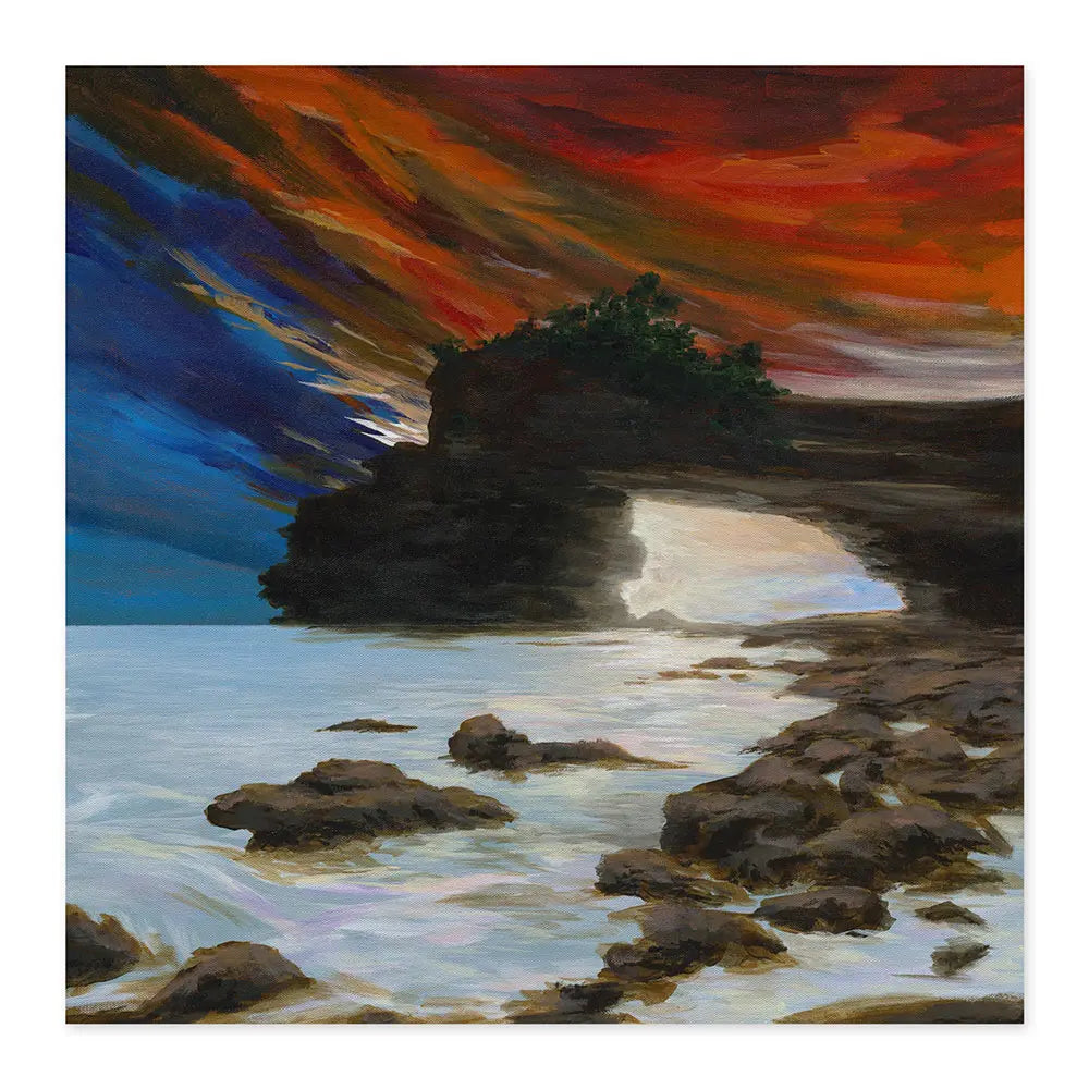 Acrylic painting of a coastal scene of Tanah Lot in Bali with a vibrant, colourful sky and rocky landscape.