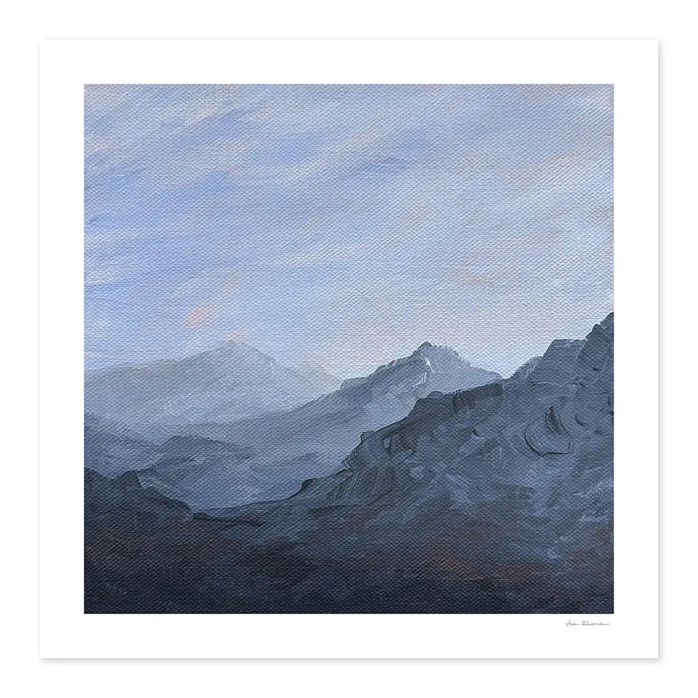 Acrylic painting of mountains with a blue sky using textured brush strokes