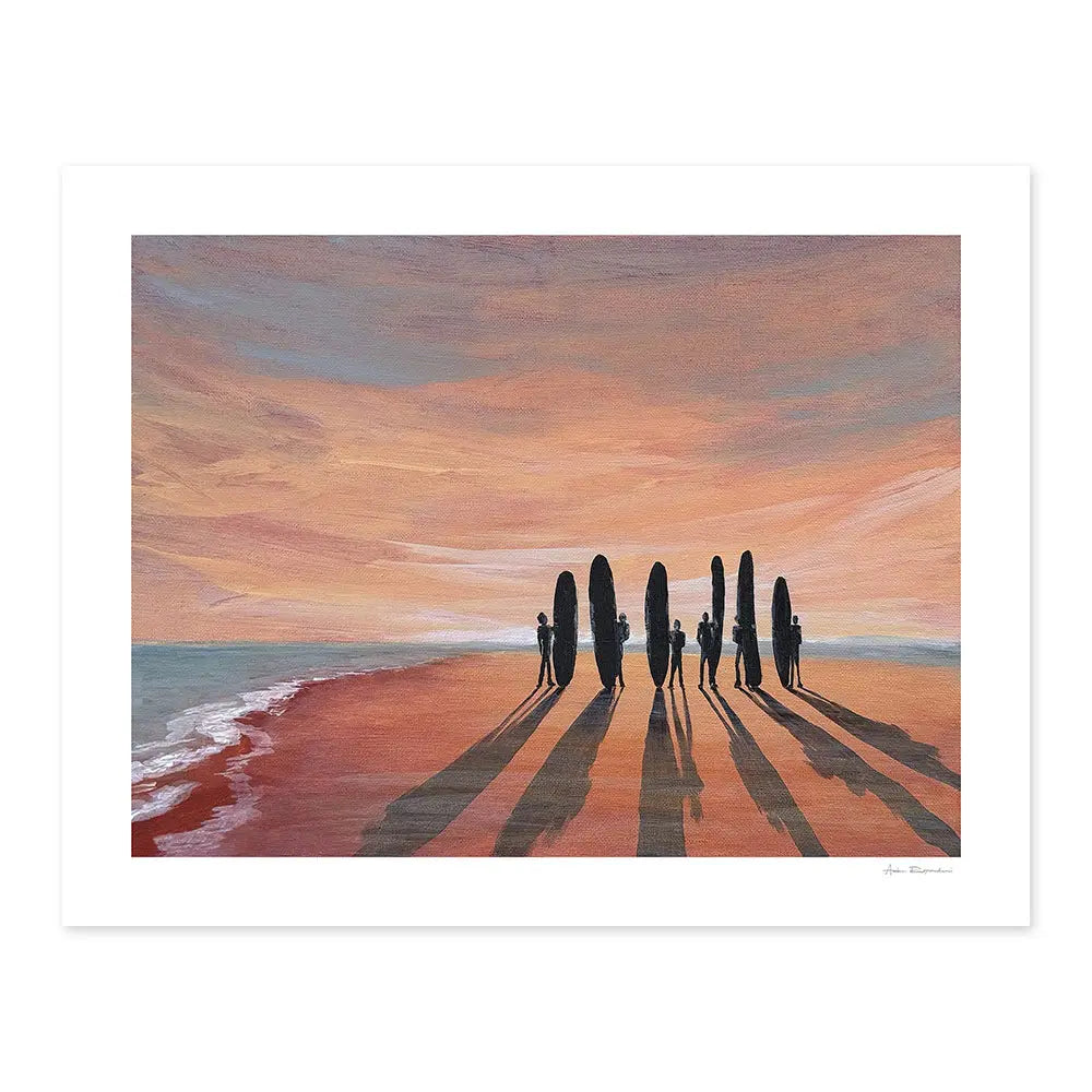 Artistic depiction of surfers with boards on a beach at sunset.