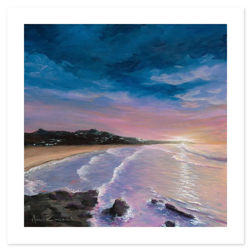 Painting of a beach scene with waves and a colourful sky in warm tones.
