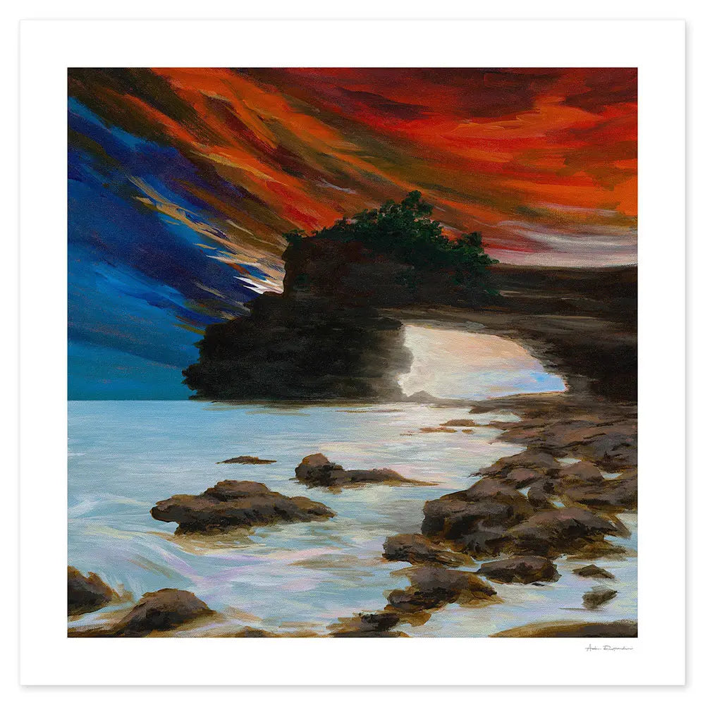 Acrylic painting of a coastal scene of Tanah Lot in Bali with a vibrant, colourful sky and rocky landscape.