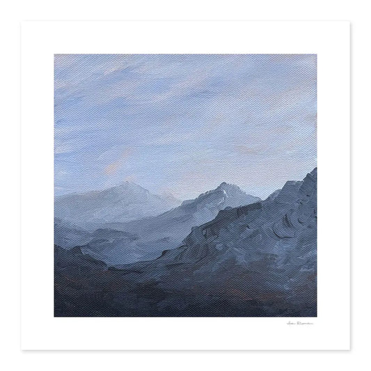 Acrylic painting of mountains with a blue sky using textured brush strokes