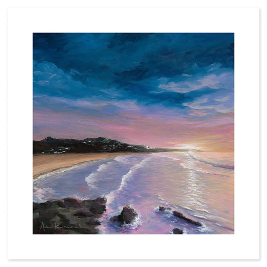 Painting of a beach scene with waves and a colourful sky in warm tones.