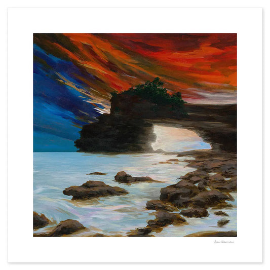 Acrylic painting of a coastal scene of Tanah Lot in Bali with a vibrant, colourful sky and rocky landscape.