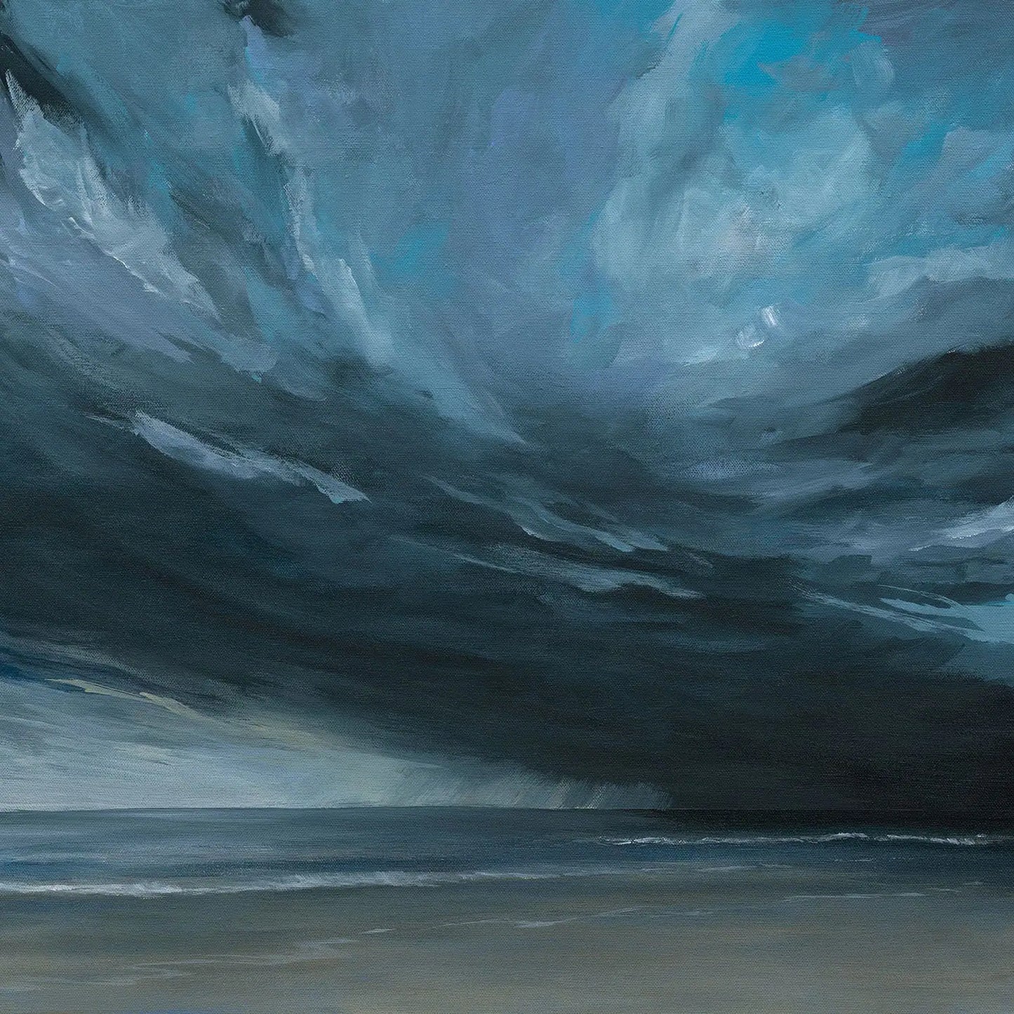 Artistic depiction of a stormy sky over water in moody cool blues