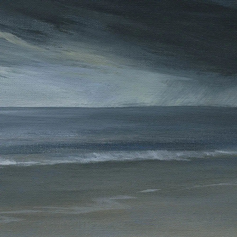 Artistic depiction of a stormy sky over water in moody cool blues