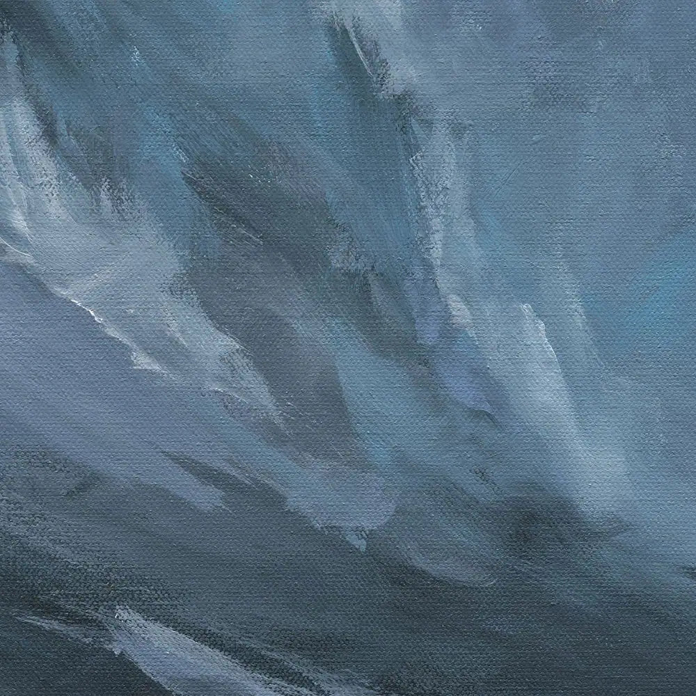 Artistic depiction of a stormy sky over water in moody cool blues