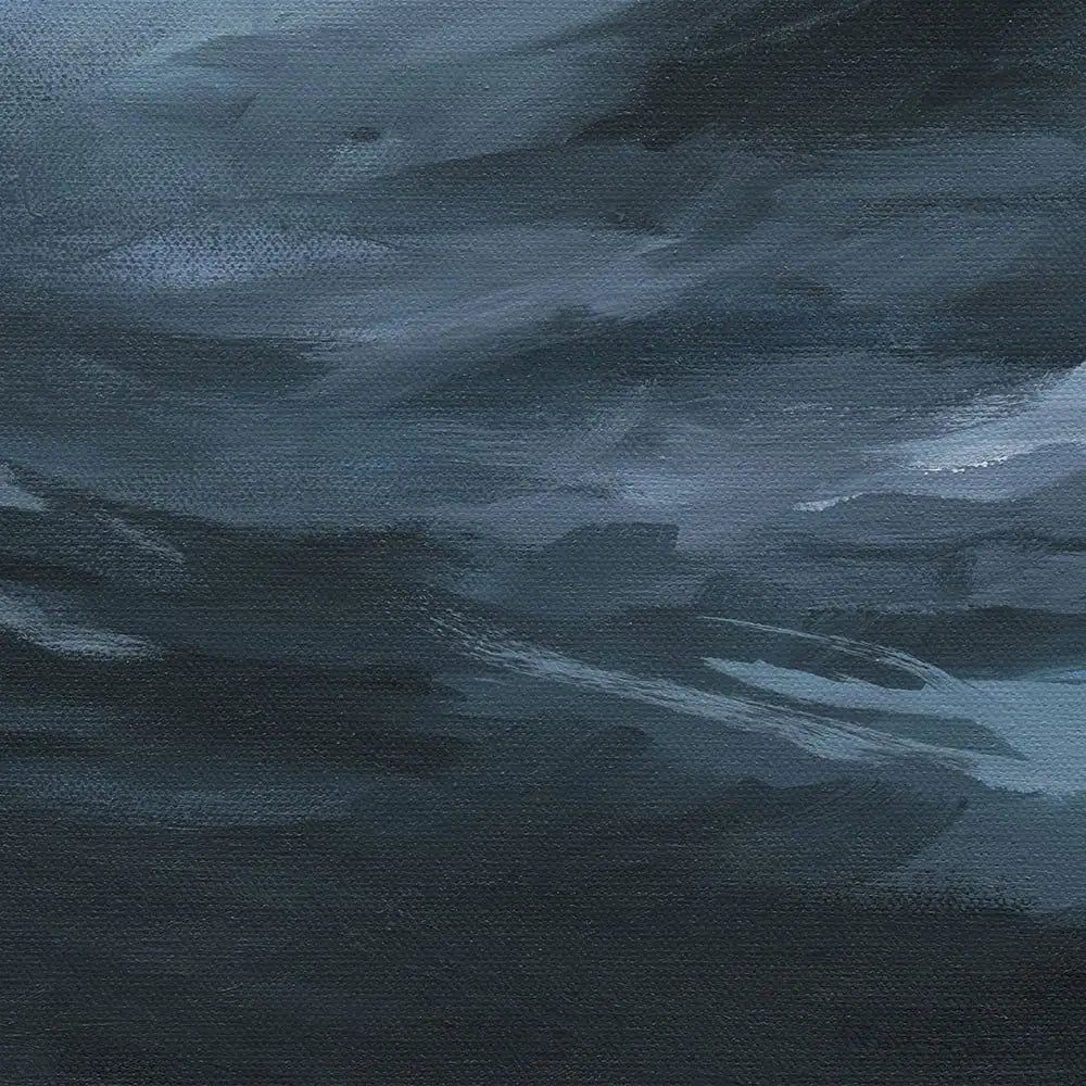 Artistic depiction of a stormy sky over water in moody cool blues