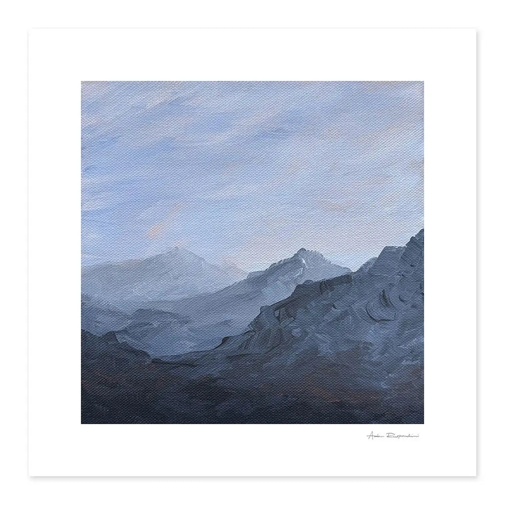 Acrylic painting of mountains with a blue sky using textured brush strokes