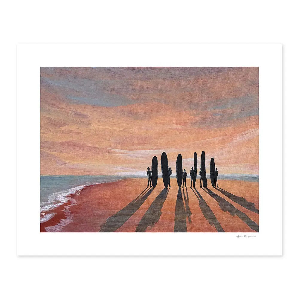 Artistic depiction of surfers with boards on a beach at sunset.