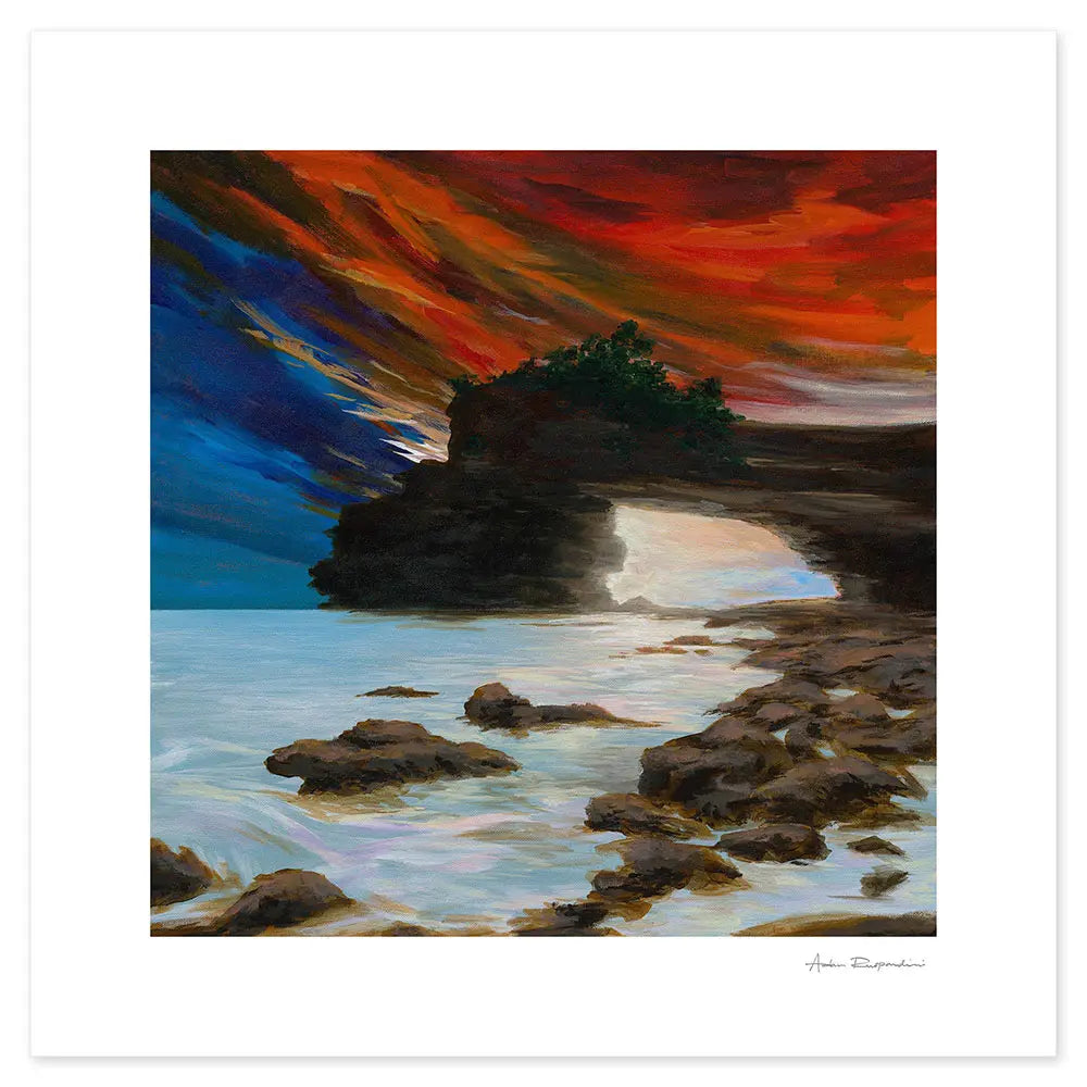 Acrylic painting of a coastal scene of Tanah Lot in Bali with a vibrant, colourful sky and rocky landscape.