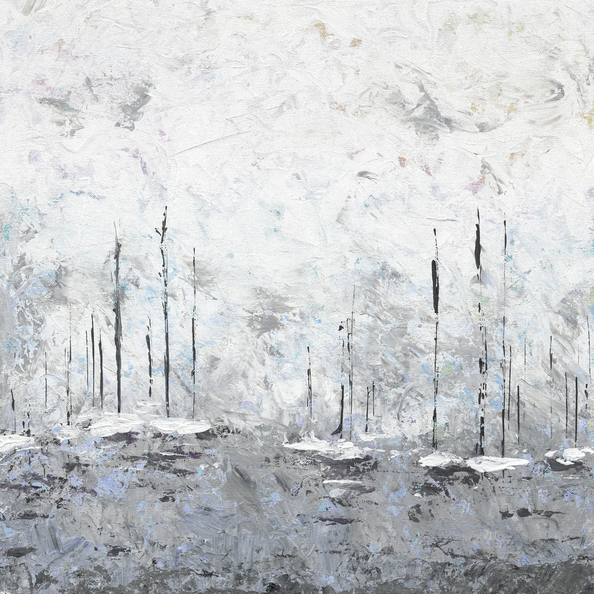 Abstract art of yachts in misty waters with white and gray tones