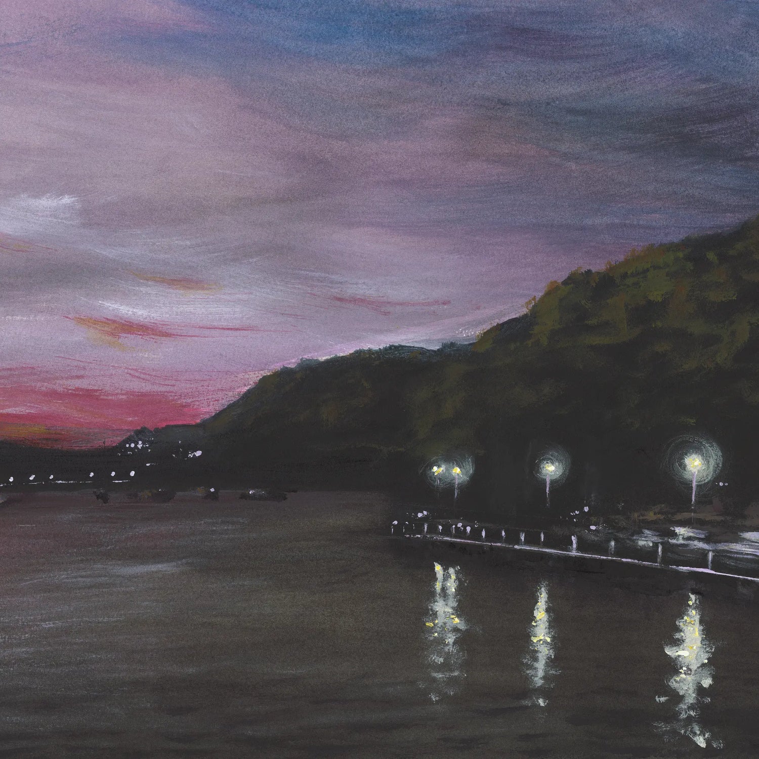 Evening scene with a dock and lights reflecting on water, pink and purple sky
