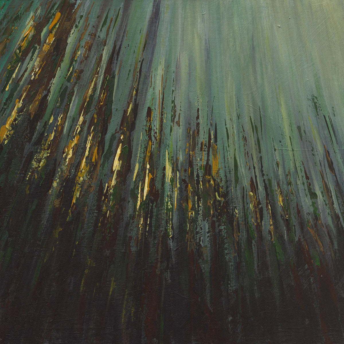 Abstract art with green, brown, and black brush strokes