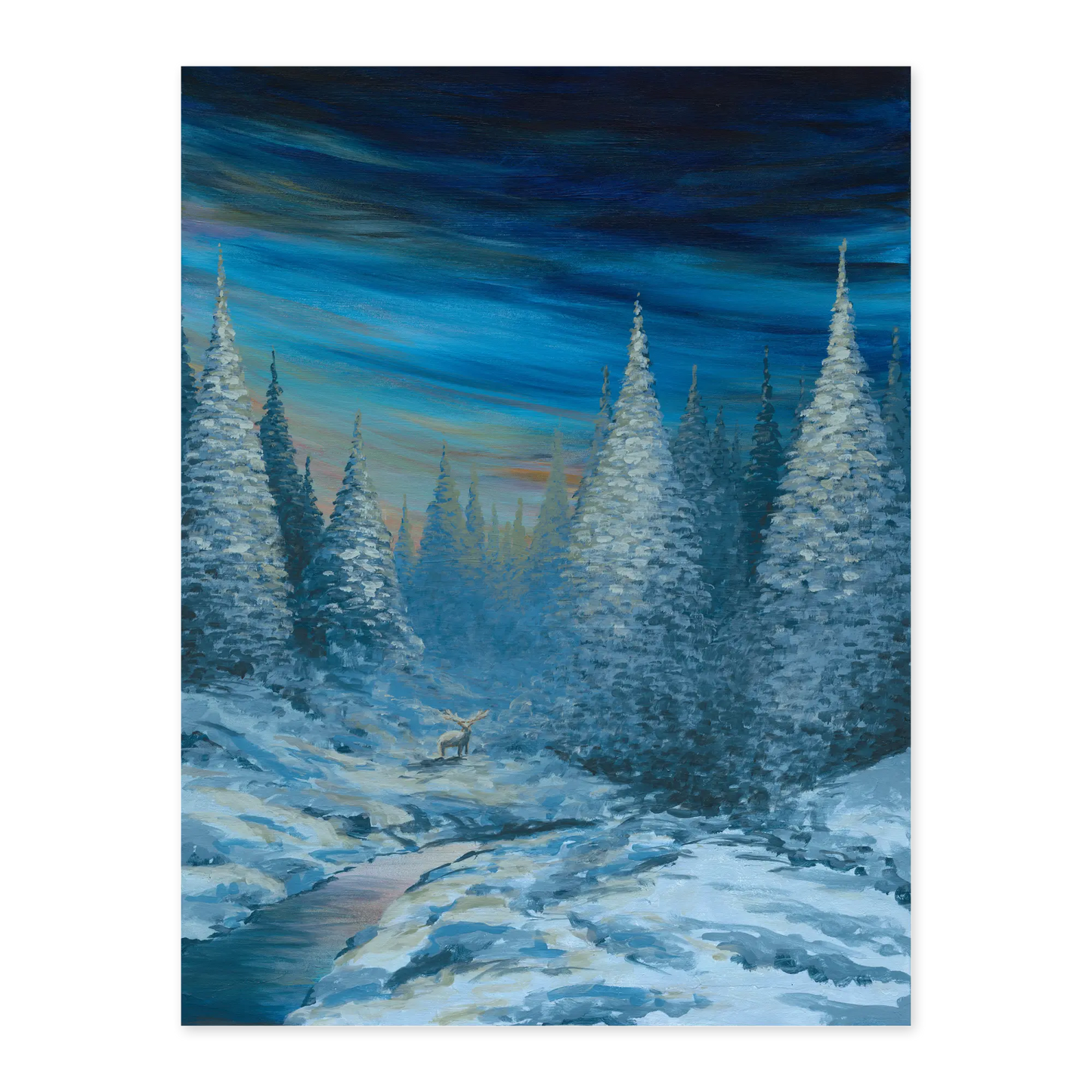 Winter landscape with snow-covered trees and a deer in the forest